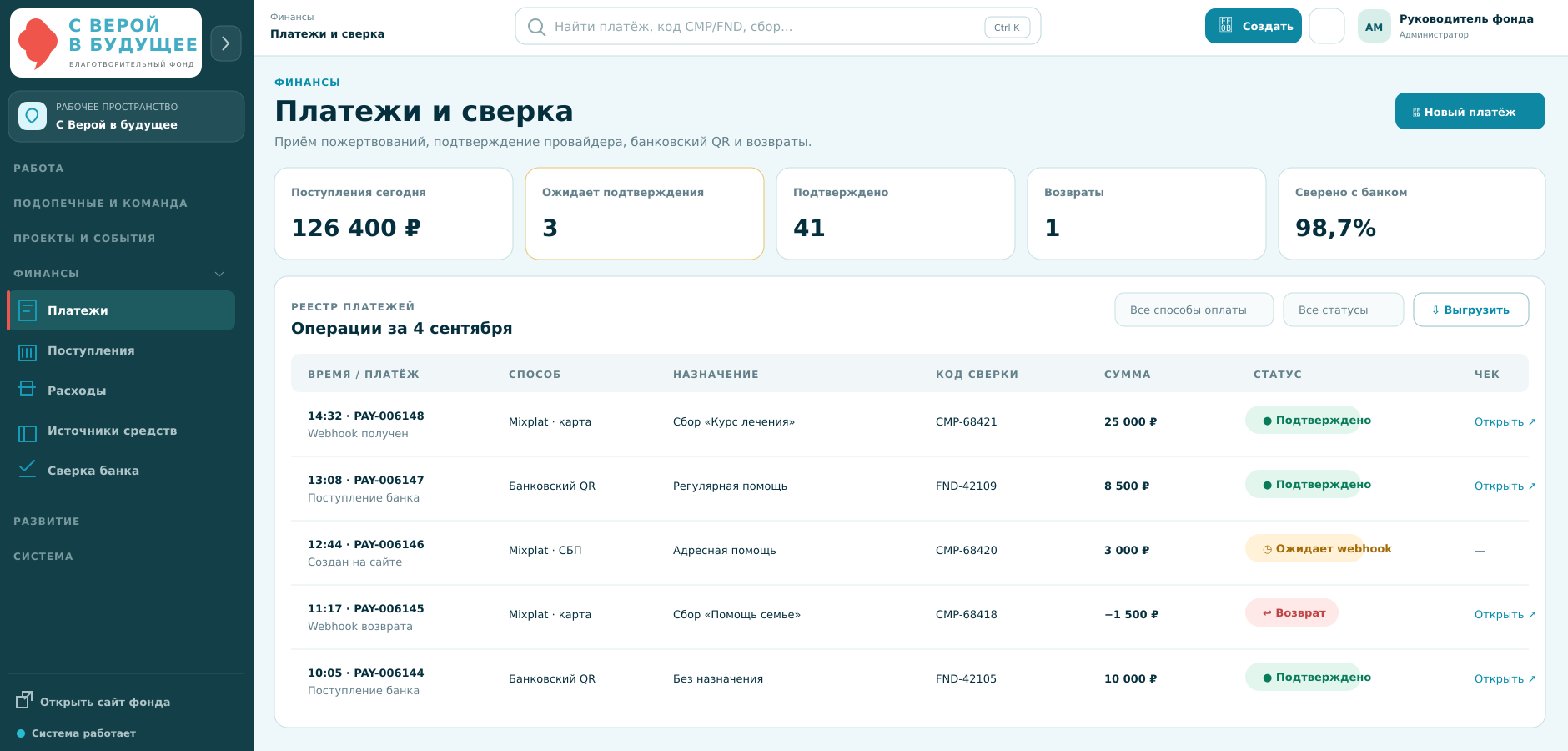 Платежи Mixplat и банковская сверка по CMP и FND